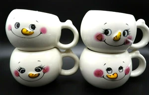 Fun Snowman Face Mugs Set of 4 Carrot Nose Anthropomorphic Coffee Cup - Picture 1 of 12