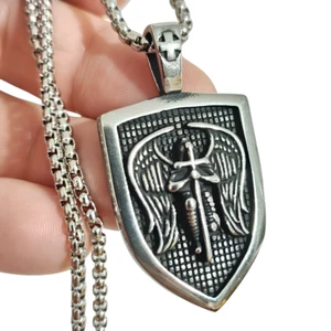 St Michael Pendant Archangel Shield Steel Necklace Amulet Protection Jewellery - Picture 1 of 11