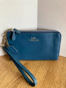 Coach Leather Wristlet Clutch Steel Blue Double Zip Corner Wallet - Picture 1 of 15