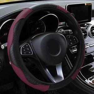 Steering Wheel Cover Carbon Fiber Leather Interior Wine Red Accessory Car Useful - Picture 1 of 5