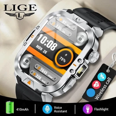 Smart Watch Men Sport Rugged with LED Flashlight 2.01" HD Screen 3ATM Waterproof - Image 1 of 4