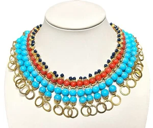 Cleopatra Faux Coral Turquoise Beaded Necklace Lucite Collar Gold Tone Egyptian - Picture 1 of 11