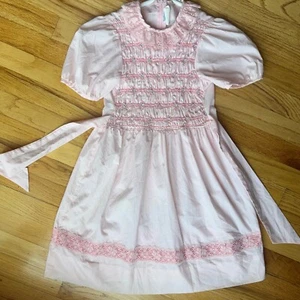 Polly Flinders Vintage Smocked Dress Lace Trim Puff Sleeve Pink Girls Size 8 - Picture 1 of 12