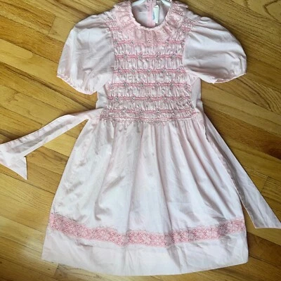 Polly Flinders Vintage Smocked Dress Lace Trim Puff Sleeve Pink Girls Size 8 - Image 1 of 4