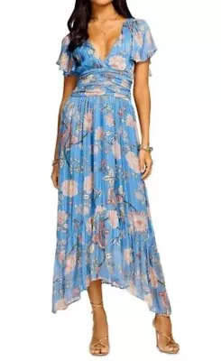 Vestido Ramy Brook Joan Midi •S• Azul Océano Floral Calado Manga Acampanada Foto 1 de 4