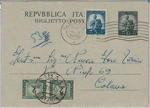 53607 - REPPUBLICA - INTERO POSTALE: da Lecce a Catania TASSATO segnatasse 1948 - Picture 1 of 1