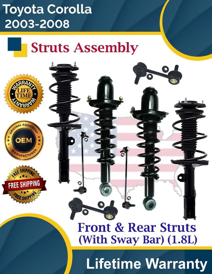 Puntales delanteros y traseros originales con barra estabilizadora para Toyota Corolla 2003-2008 1,8 L guerra de por vida Foto 1 de 4