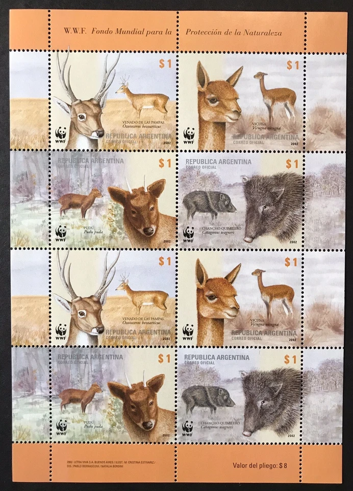 ARGENTINA WWF ANIMAL STAMPS SHEET OF 8v 2002 MNH WILD ANIMALS DEER BOAR #2192 1 - Image 1 of 1