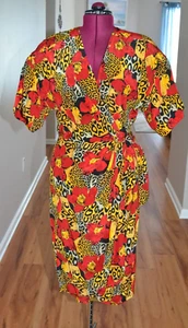 Lillie Rubin Vintage 80's Silk Animal floral Poppy Print Wrap Midi dress, 14 - Picture 1 of 11