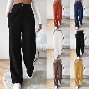 Women's High Waist Corduroy Pants Straight Loose Casual Workout Pocket Trousers - Picture 1 of 26