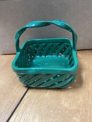 Dept 56 Ceramic Woven Green Basket 3” tall, 3 1/2” wide EUC Vintage Cover