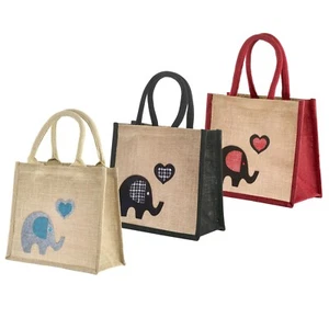 Jute Hessian Lunch Gift Bag / Small Shopper / Tote - Decorated Elephant Design - Picture 1 of 10
