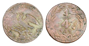 F292, Mexico, Federal Coinage, 1/4 Real 1836 "Quarto/Quartilla" Mexican Mint - Picture 1 of 3