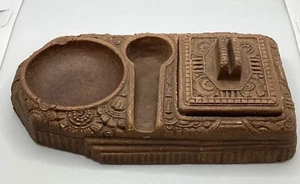 Vintage Ceramic Aztec Cigarette Box Pipe Holder Ashtray Combo Handmade MCM - Picture 1 of 6