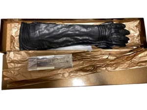GUCCI Long Gloves Cowhide Silk 100% Black Size 7 Italy Women's Authentic w/Box - Picture 1 of 3