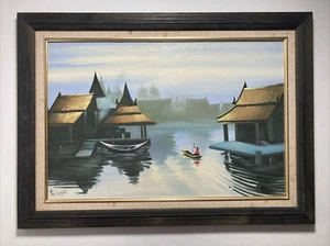 Vintage Original Oil Painting Impressionist Water Village Landscape Signed 1970s - Picture 1 of 11