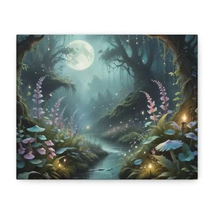 Enchanted Moonlit Forest Canvas – CottageCore Fairy Garden Night Wall Art Print - Picture 1 of 17
