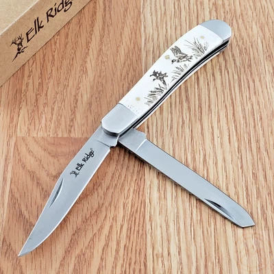 Navaja de bolsillo Elk Ridge Trapper clip de acero inoxidable y cuchillas Spey mango de hueso liso Foto 1 de 4