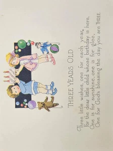 Tarjeta de cumpleaños infantil Art Deco para tres años de 1910 - sin usar - Imagen 1 de 3