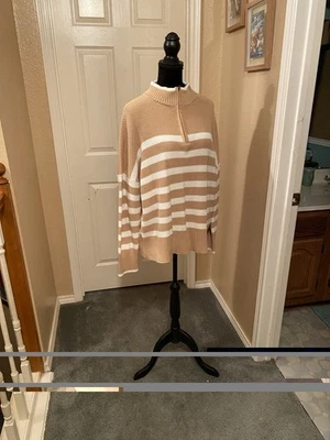 Suéter de cuello alto a rayas blancas y tostadas Lands' End Foto 1 de 4