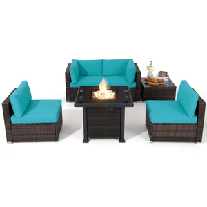 6PCS Patio Rattan Furniture Set 32" Fire Pit Table W/Cover Cushioned Turquoise - Picture 1 of 9