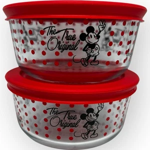 2 Pyrex Disney Mickey Mouse Glass Storage Container Bowls Lids 2C Dots - Picture 1 of 6