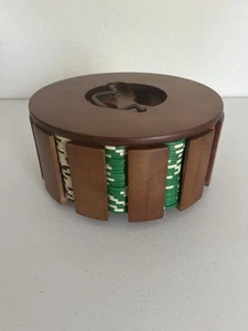 299 Vintage Denomination $1 $5 $25 Poker Chips Set Wood Rotating Carousel - Read - Picture 1 of 6