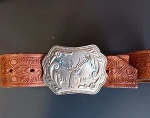 Vintage Deer Belt Buckle With Tooled Leather Belt 40in - Picture 1 of 6