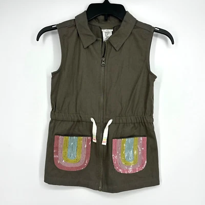Max Studio Kids Girls Size Medium 7 8 Zip Front Vest Jacket Olive Green Rainbow - Image 1 of 4