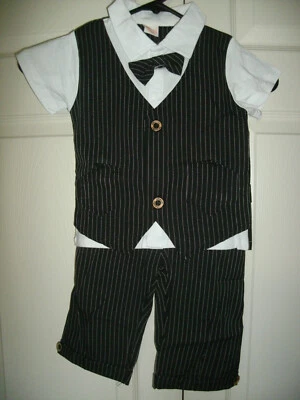 NEW Boys 2 Pc Suit Outfit black white pinstripe shortsleeve bow tie sz 110 (4/6) - Image 1 of 4