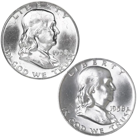 1958 P D Franklin Half Dollar 90% Silver BU 2 Coin Year Set Cover