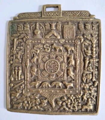 Antiguo colgante amuleto talismán zodiaco Dharma de bronce tibetano nepalí del Himalaya Foto 1 de 4