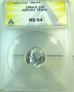 1964 D Roosevelt dime ANACS MS64 *FS 802 DDR-003* BR - Picture 1 of 3