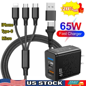 65W 2-in-2 USB C Fast Cable , PD 2 port Wall Charger For All Cell Phone iPad US - Picture 1 of 19