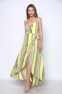 Yellow Stripe Wrap Maxi Dress Size Small High Low V Neck Spaghetti Strap - Picture 1 of 2