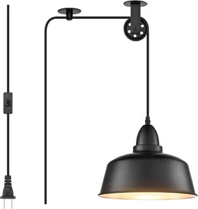 Black Farmhouse Hanging Lights with Plug in Cord, Pulley Hanging Lamp - Picture 1 of 9