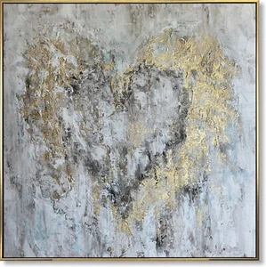 Abstract Heart Oil Painting Original Gray Wall Art With Gold Leaf Artwork - Picture 1 of 8