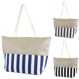 Large Stripe Tote Bag Fashion Burlap Zipper Top Canvas Shoulder Print Beach Bag - Picture 1 of 10