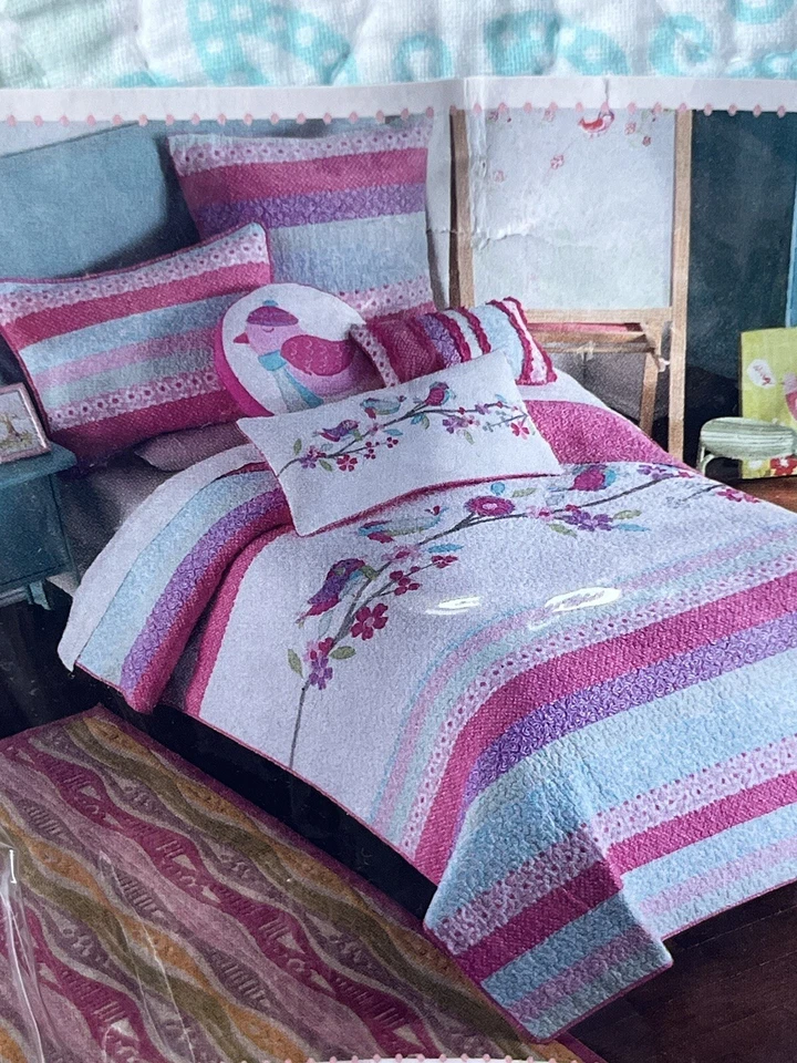 Girls Full Quilt Pink Mint Turquoise Purple Birds Floral Polka Dot - Image 1 of 4