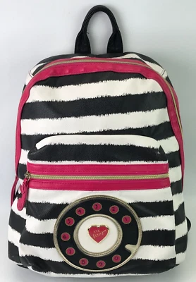 Betsey Johnson Mochila Teléfono Escuela Libro Bolso Rayas Negro/Blanco/Rosa Foto 1 de 4
