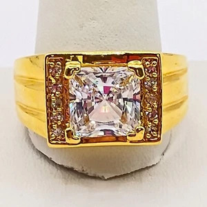 Mens Gold Plated Square CZ Solitaire Ring Size 14 Halo Elegant Sophisticated - Picture 1 of 9