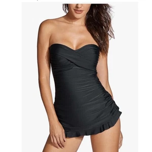 Dobreva Black Strapless Ruffled Skirted One Piece Swimsuit US 12 XL - Picture 1 of 12