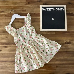 NWT SweetHoney Sleeveless Linen Pinafore Dress Peony Rose Cream Pink Floral 5 - Picture 1 of 8