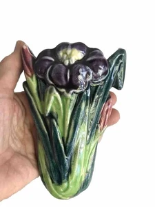 VTG MCM Floral Wall Pocket Vase Hand Painted Japan Purple Green Cottage Cabin - Picture 1 of 9
