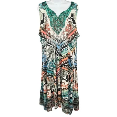 One World Maxi Dress 3X Multicolor Boho Paisley Geometric Print Sleeveless USA - Image 1 of 4