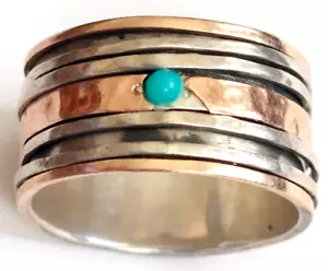ARTISAN ISRAEL HAMMERED 9K ROSE GOLD & STERLING SILVER SPINNER RING JUDAICA - Picture 1 of 3