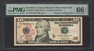 United States- 10 Dollars 2017A Fr#2045-B (PBE Block) Repeater S/N UNC Grade 66 - Picture 1 of 2