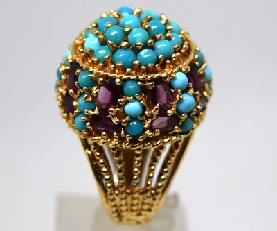 Anillo Cúpula Harén Turquesa Persa Natural Oro Sólido 14K, Granate y Talla 5 1/4 Foto 1 de 4