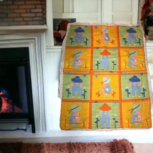 Handmade Quilt Farmer Garden Couple Grn Orng Crib Blanket Throw Baby 43"x 35.5" - Bild 1 von 5