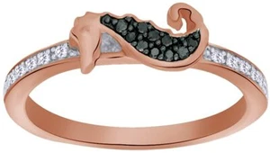 Round Cut Natural Black and White Diamond Seahorse Ring in 14K Rose Gold Plated - Picture 1 of 7